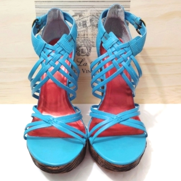 Vintage Diba Barbra Heels Turquoise Strappy Brazilian Leather Woven Design US 8 - Picture 14 of 15